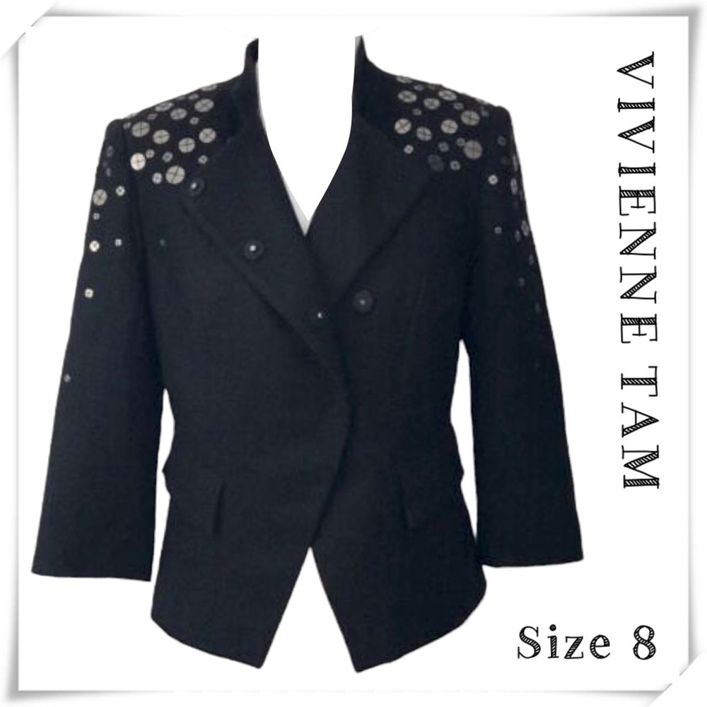 VIVIENNE Tam Sequin Wool Blend Quarter Sleeve Blazer Jacket in Black